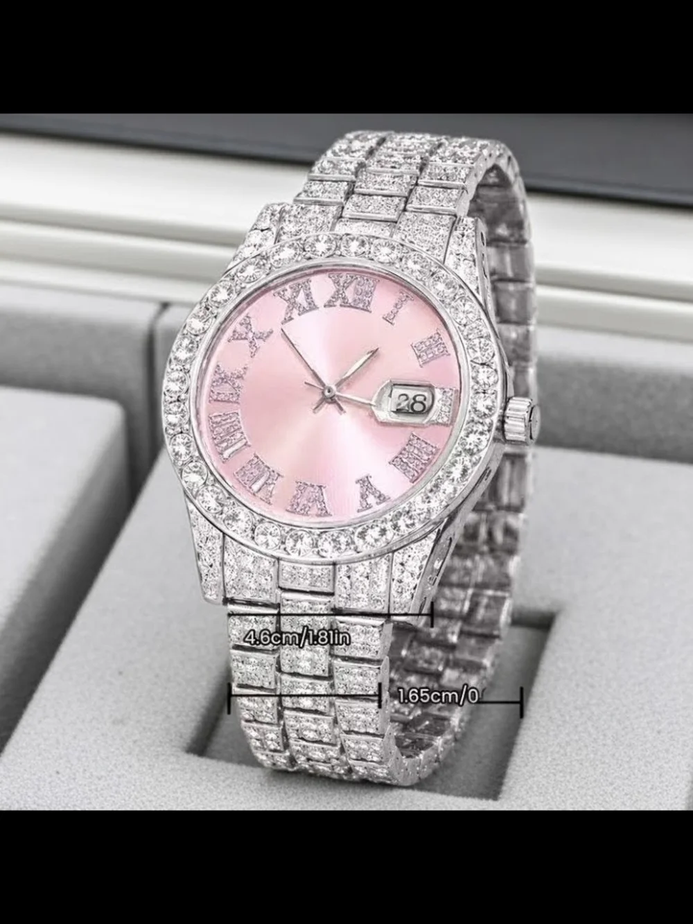 STAINLESS STEEL Rhinestone Iced Out Pink Watch 46mm Silver Bling